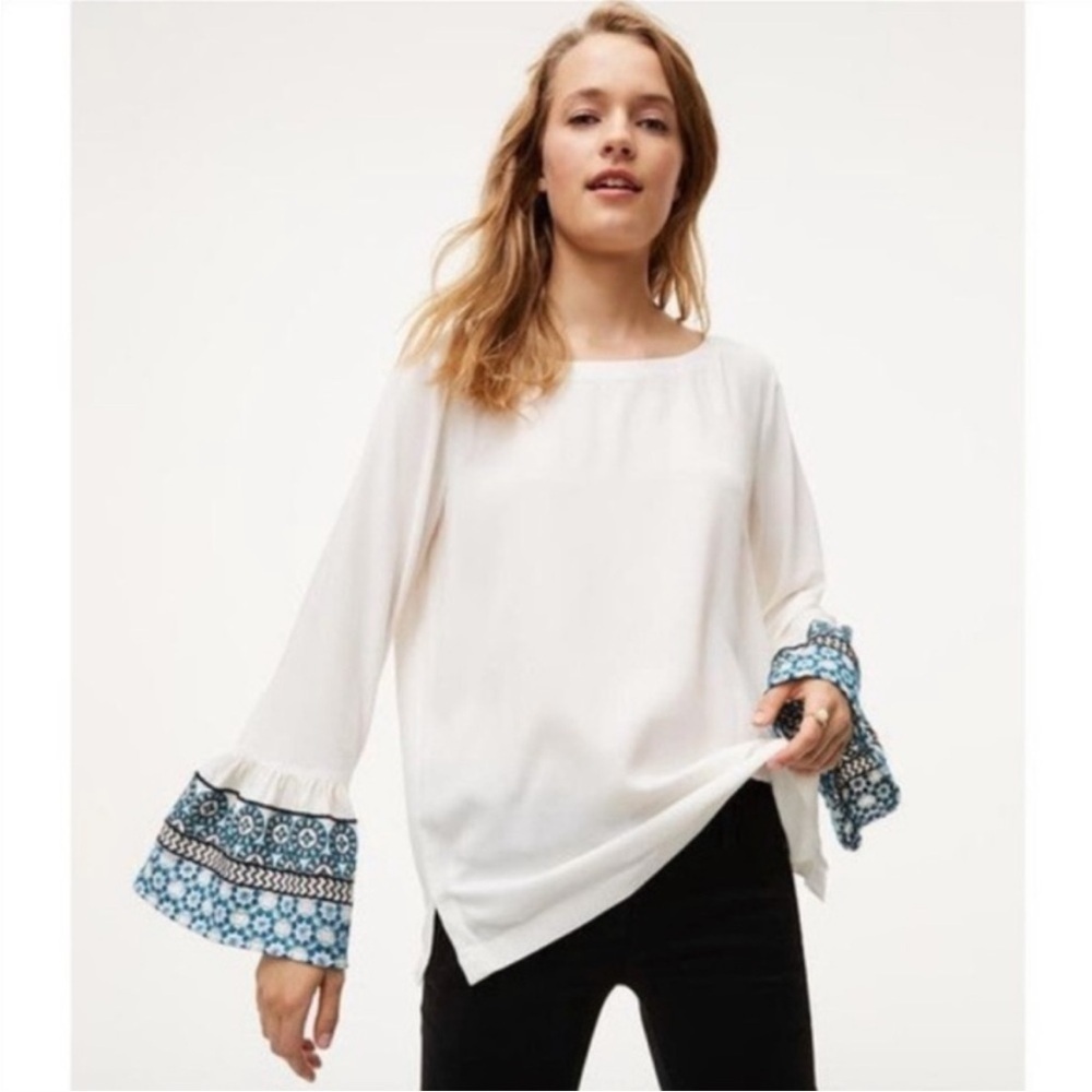 Loft White Embroidered Bell Sleeve Top Size‎ L